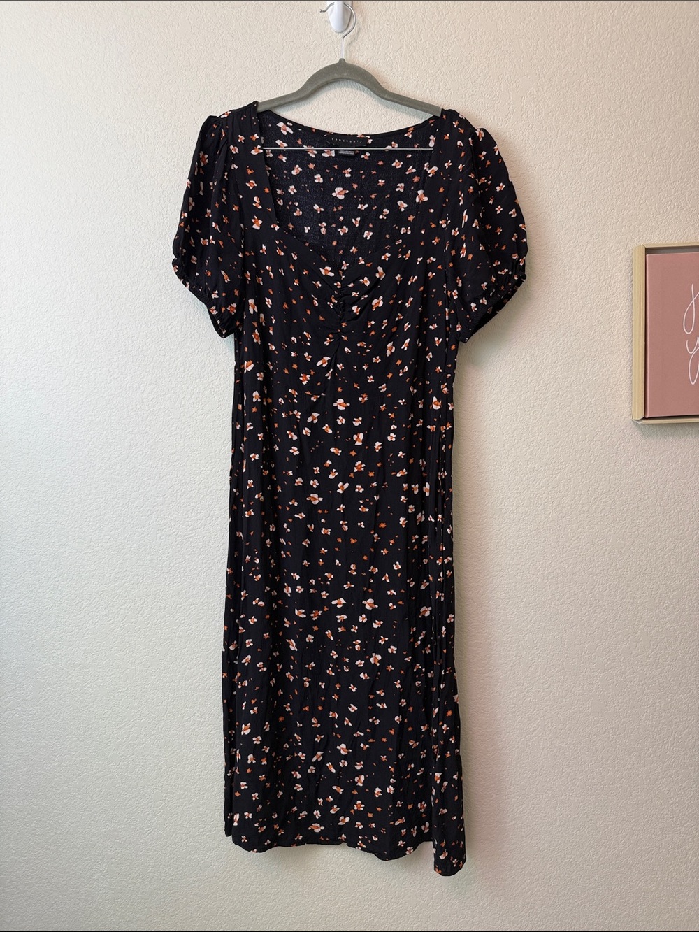 Sanctuary Black Floral Puff-Sleeve Midi Dress Size 8